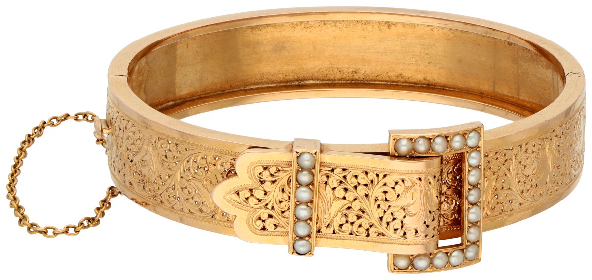 No reserve - 18K Geelgouden gesp bangle armband bezet met zaadparels.