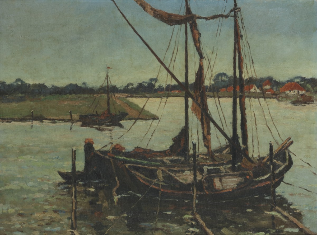 Hollandse School, 19e/20e eeuw. Platbodempjes in een rivier.