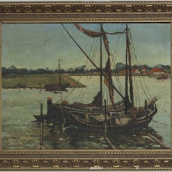 Hollandse School, 19e/20e eeuw. Platbodempjes in een rivier.