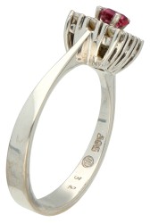 No reserve - 14K Witgouden entourage ring bezet met synthetische robijn en diamant.