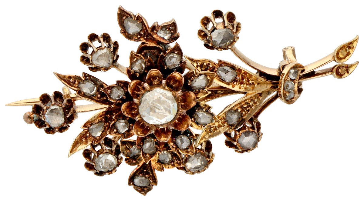 No reserve - 14K Roségouden florale broche met roos geslepen diamant.