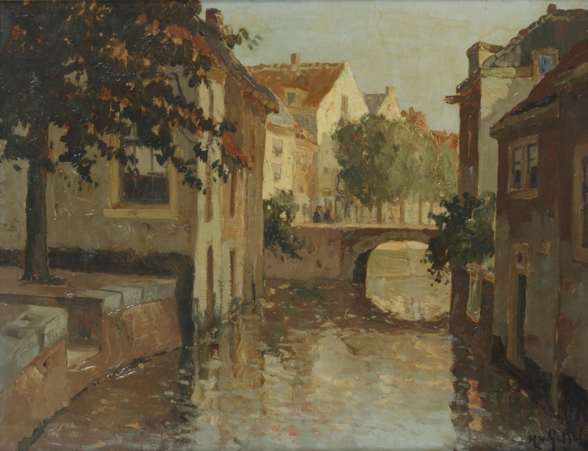 Gerard J. Delfgaauw (Monster 1882 - 1947 Rijswijk), onder pseudoniem 'H. van Gessel', Een zonovergoten stadsgrachtje.