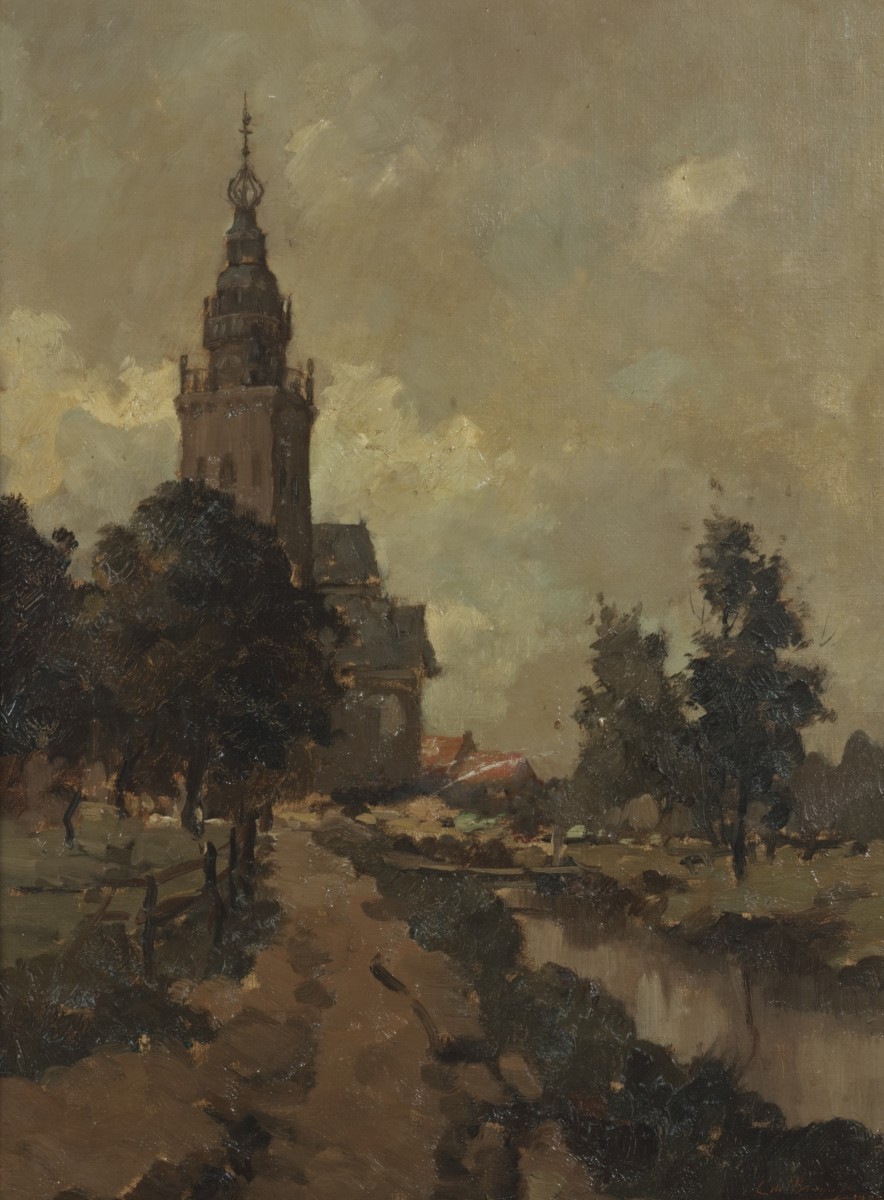 Cornelis de Bruin (Utrecht, 1870 – 1940 Amsterdam),Een kerk aan een rivier.