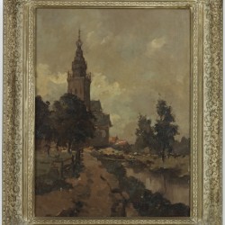 Cornelis de Bruin (Utrecht, 1870 – 1940 Amsterdam),Een kerk aan een rivier.