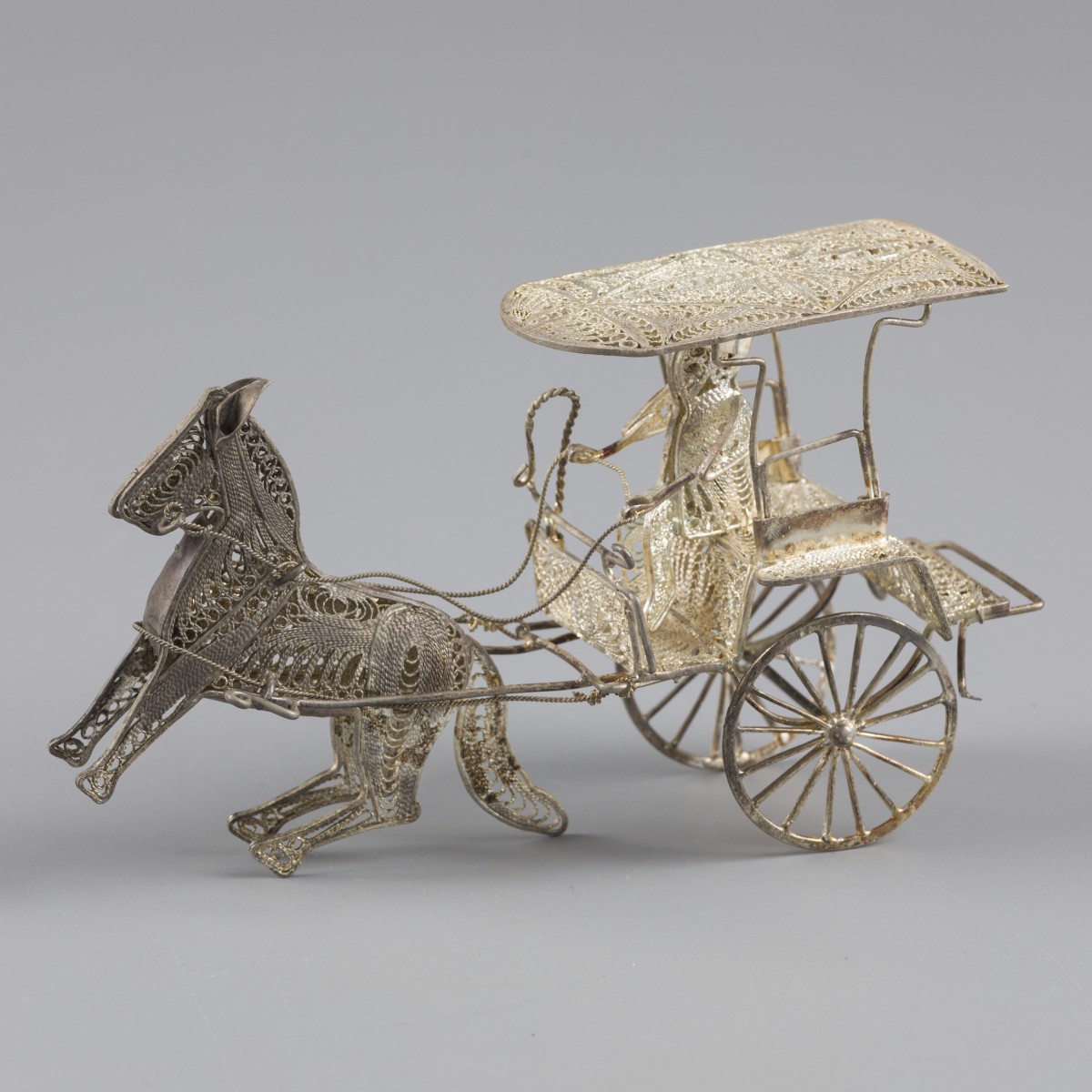 No reserve - Miniatuur paard en wagen zilver.