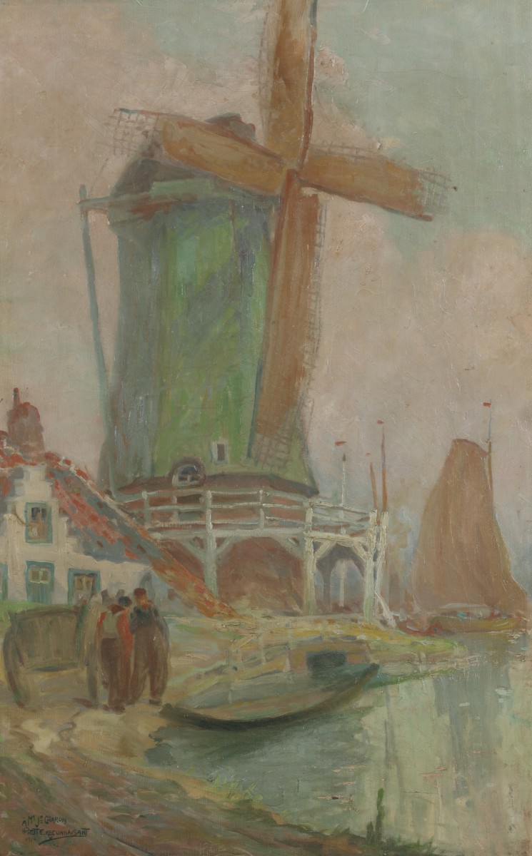 J. Henri Charon, Belgische School, 20e eeuw. Een molen aan een rivier - "Petit Reconnaissant".
