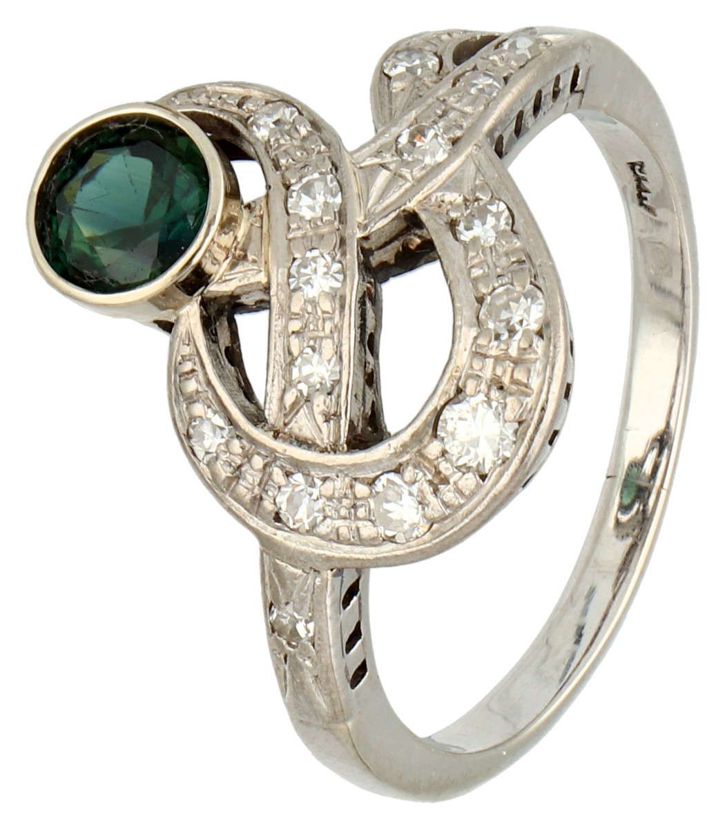 No reserve - 14K Witgouden ring met groene synthetische steen bezet met ca. 0.15 ct. diamant.