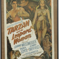 Een vintage poster voor de film uit 1936 "Tarzan and the Leopard Woman" met Johnny Weissmuller, Breda Joyce, en Johnny Sheffield met Acquanetta. Productie Sol Lesser and Kurt Neumann en RKO Radio Pictures.