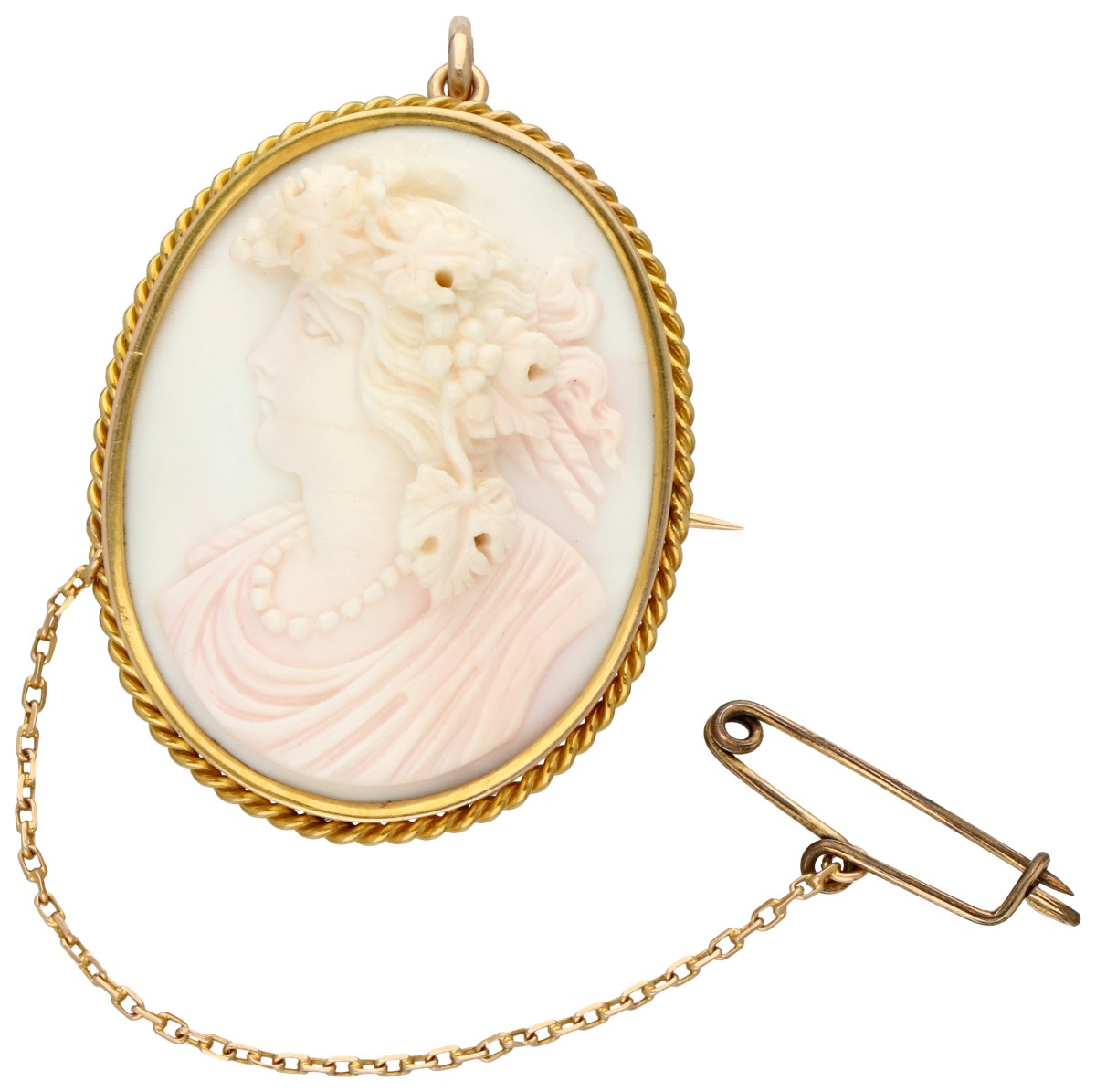 No reserve - Antieke 14K geelgouden schelpcamee broche/hanger van een bacchante.