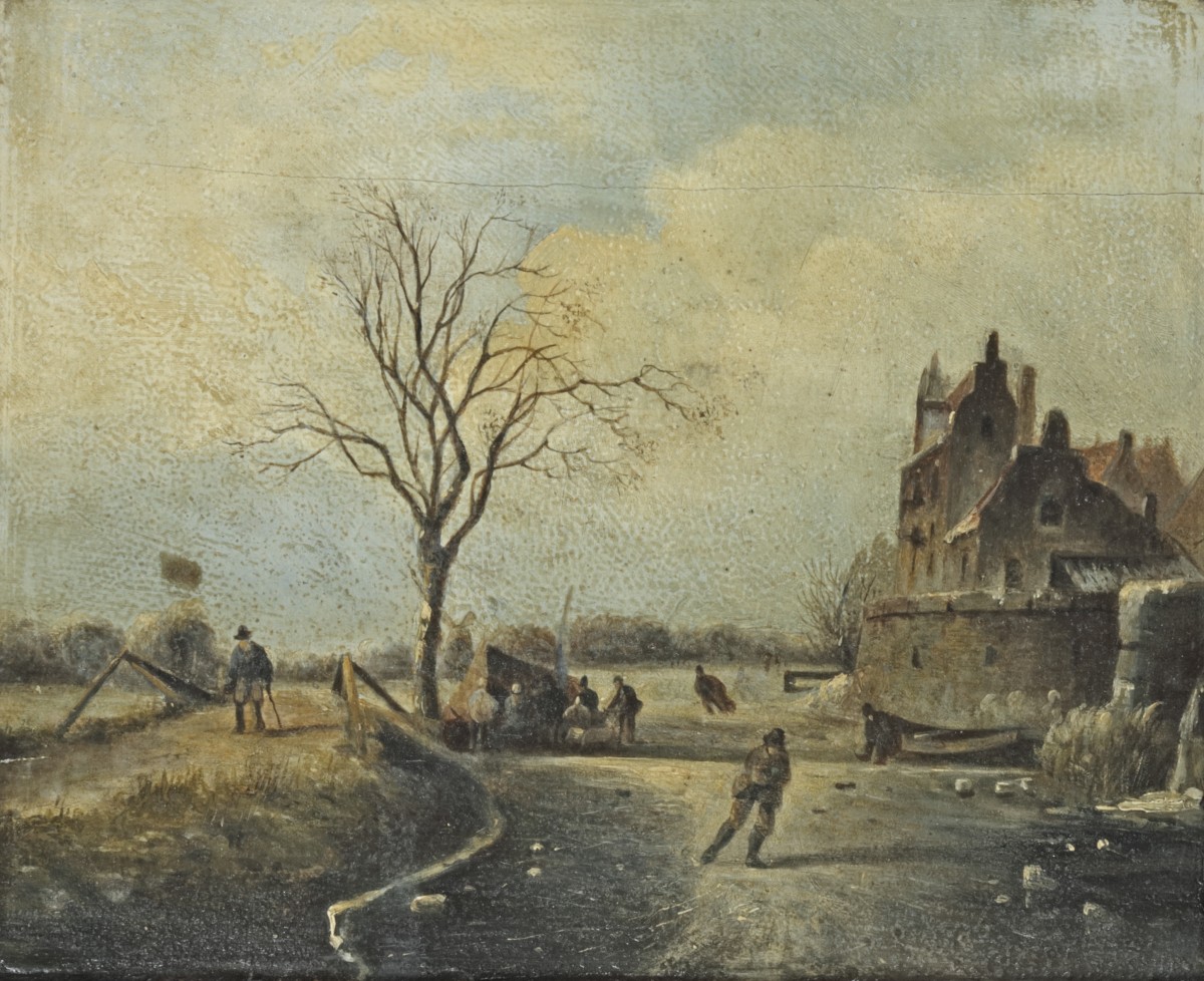 Hollandse School, 20e eeuw. IJsgezicht met schaatsers.