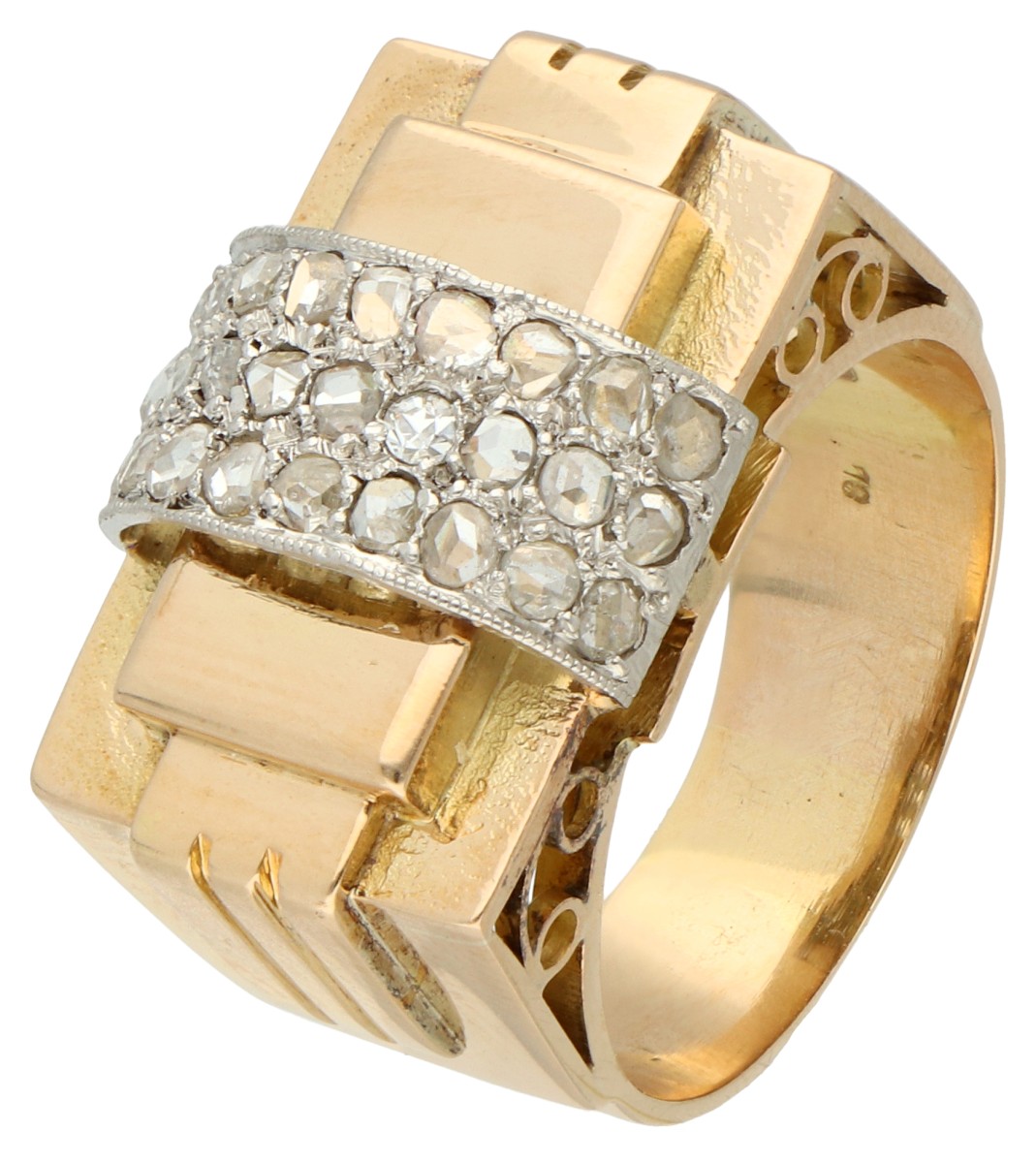 No reserve - 14K Geelgouden tank ring met roos geslepen diamant in platina.