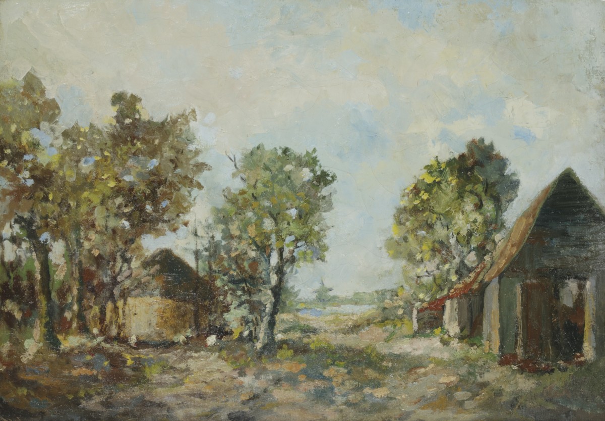 Hollandse School, 20e eeuw, Boerenhuizen aan een rivier.