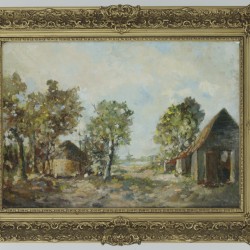 Hollandse School, 20e eeuw, Boerenhuizen aan een rivier.