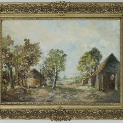 Hollandse School, 20e eeuw, Boerenhuizen aan een rivier.