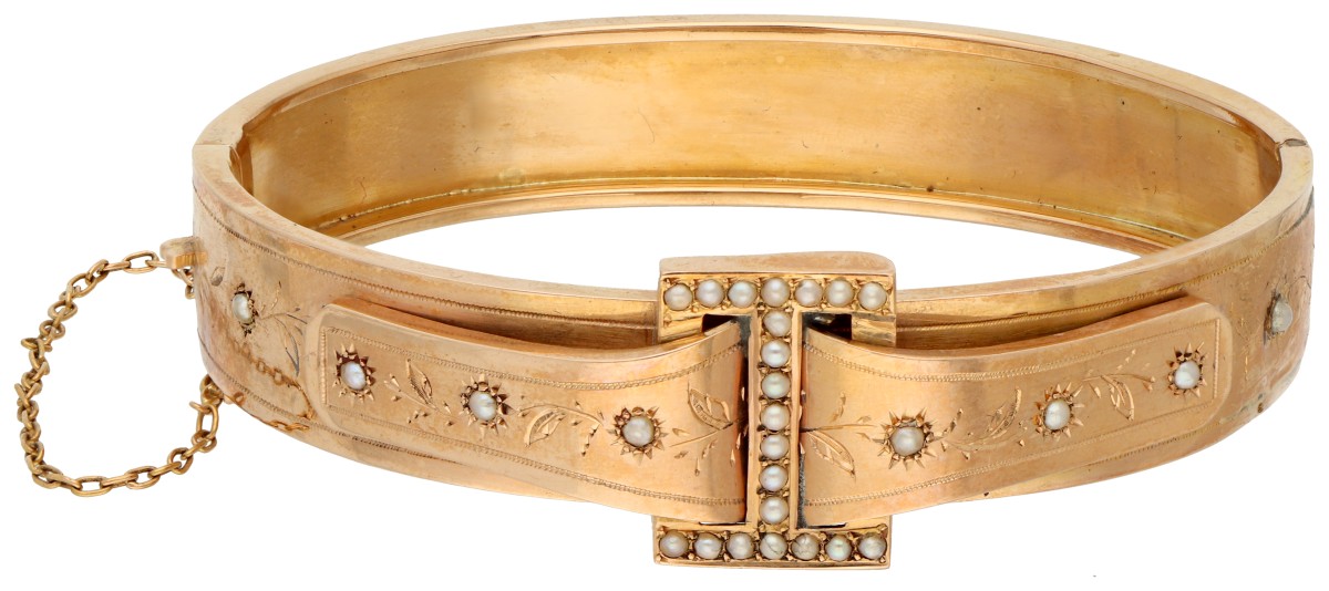 18K roségouden Franse antieke gesp bangle armband met zaadparel.