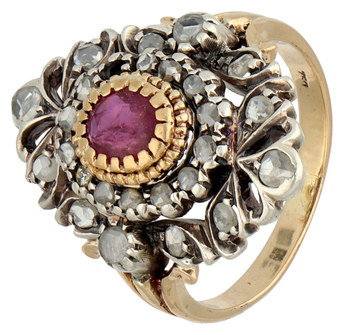 No Reserve - 14K Geelgouden / zilveren vintage ring bezet met ca. 0.61 ct. natuurlijke robijn en diamant.
