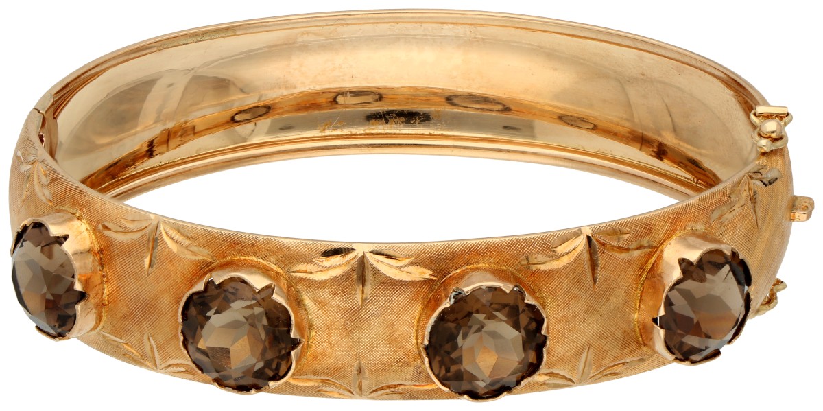 No reserve - 14K Geelgouden bangle bezet met rookkwarts.