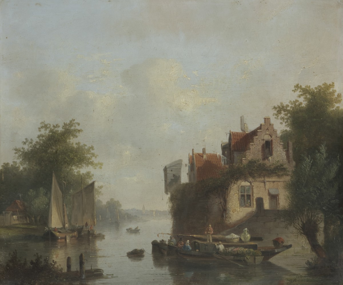 Hollandse School, 19e eeuw. Rivierlandschap met huizen langs de oever.