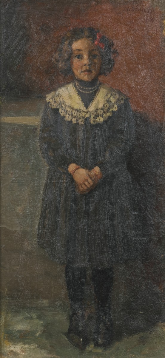 Ids Wiersma (Brantgum (Dongeradeel) 1878 - 1965 Tytsjerksteradiel), Portret van een jong meisje ten voeten uit.