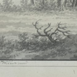 Nicolaas Wicart (Utrecht 1748 – 1815), Een rivierlandschap nabij Utecht, Figuren op een landweg bij een grotruïne. (2X).