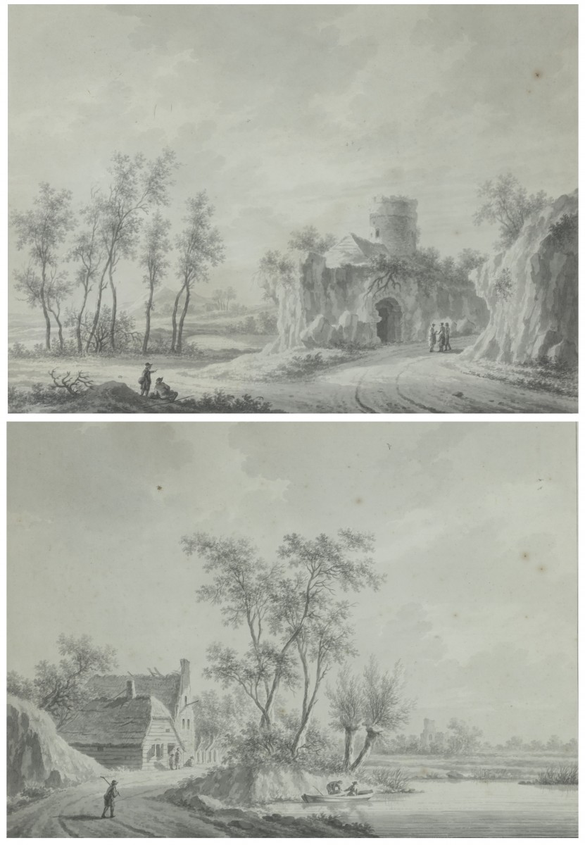 Nicolaas Wicart (Utrecht 1748 – 1815), Een rivierlandschap nabij Utecht, Figuren op een landweg bij een grotruïne. (2X).