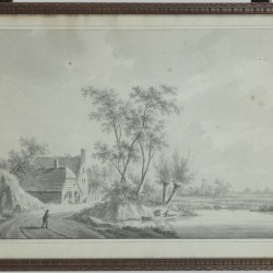 Nicolaas Wicart (Utrecht 1748 – 1815), Een rivierlandschap nabij Utecht, Figuren op een landweg bij een grotruïne. (2X).