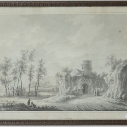 Nicolaas Wicart (Utrecht 1748 – 1815), Een rivierlandschap nabij Utecht, Figuren op een landweg bij een grotruïne. (2X).