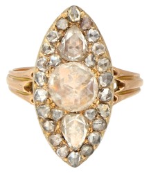 Antieke 14K roségouden marquise ring met roos geslepen diamanten