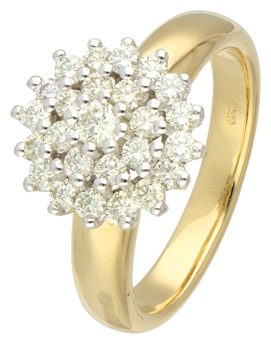 18K Geelgouden cluster ring bezet met ca. 0.90 ct. diamant.