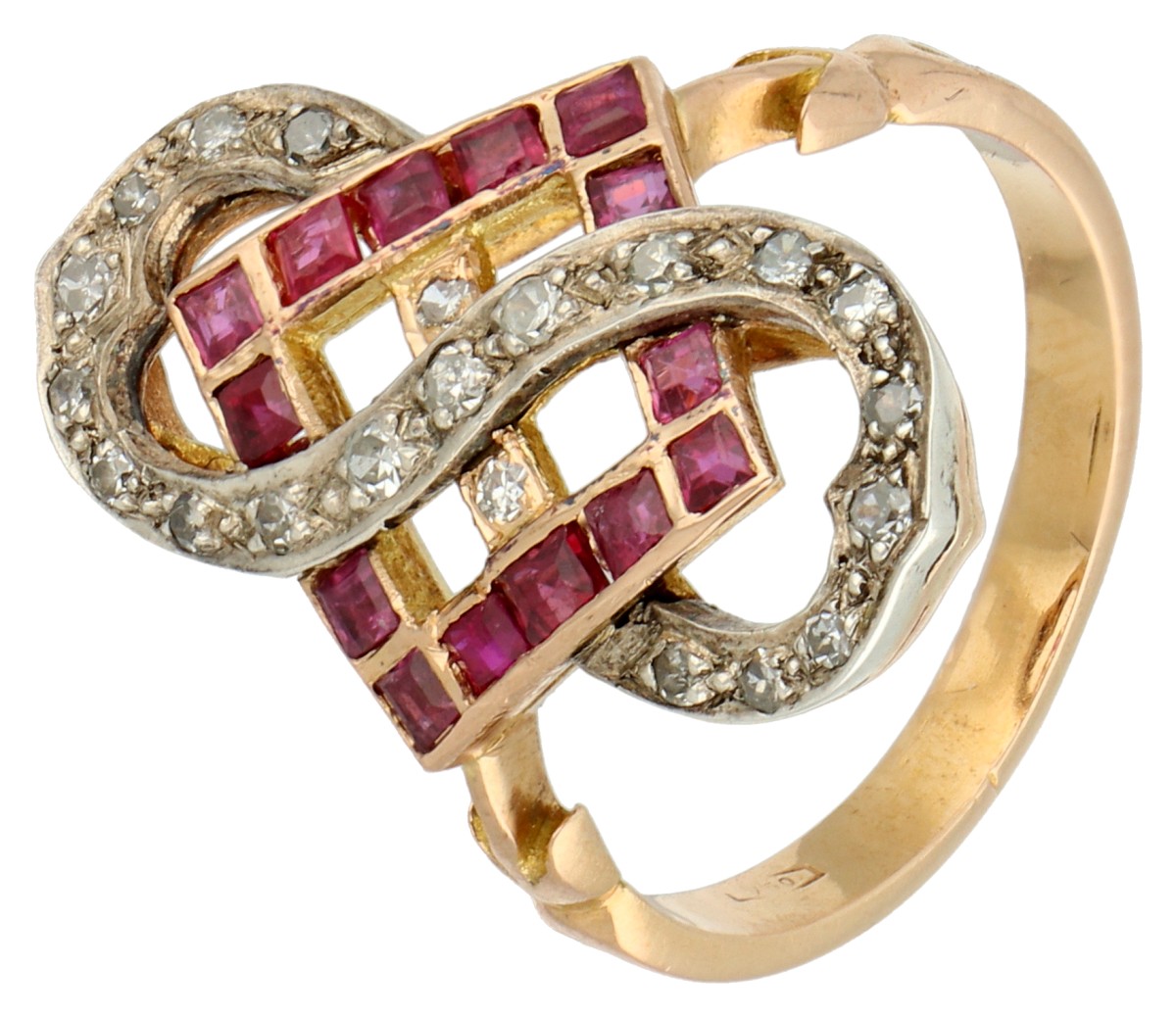 No reserve - 18K Bicolour gouden infinity ring met diamant en robijn.