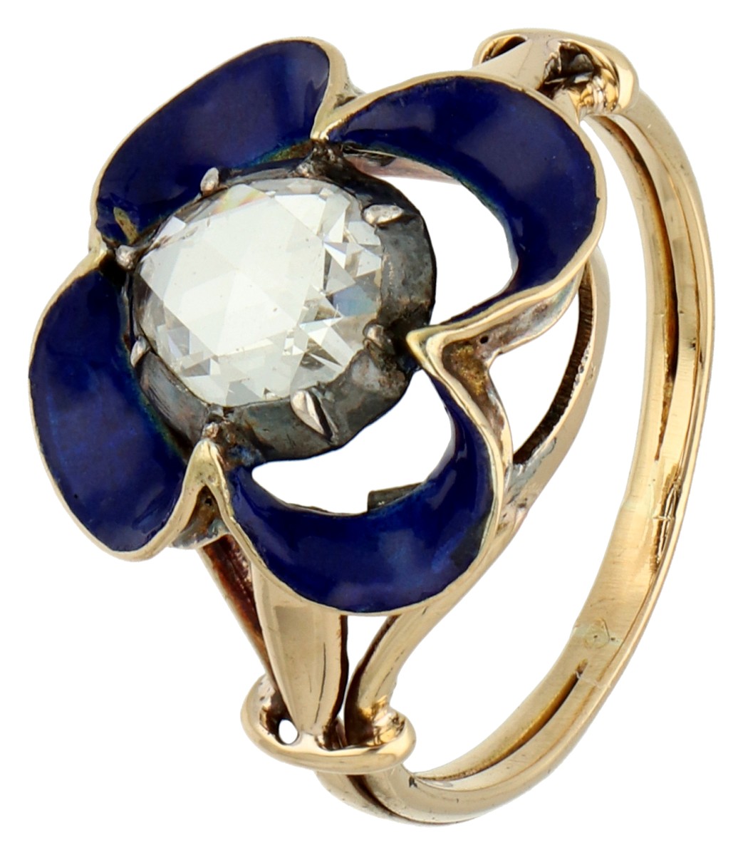 18K Geelgouden ring bezet met een roos geslepen diamant in zilver omringd met blauwe email.