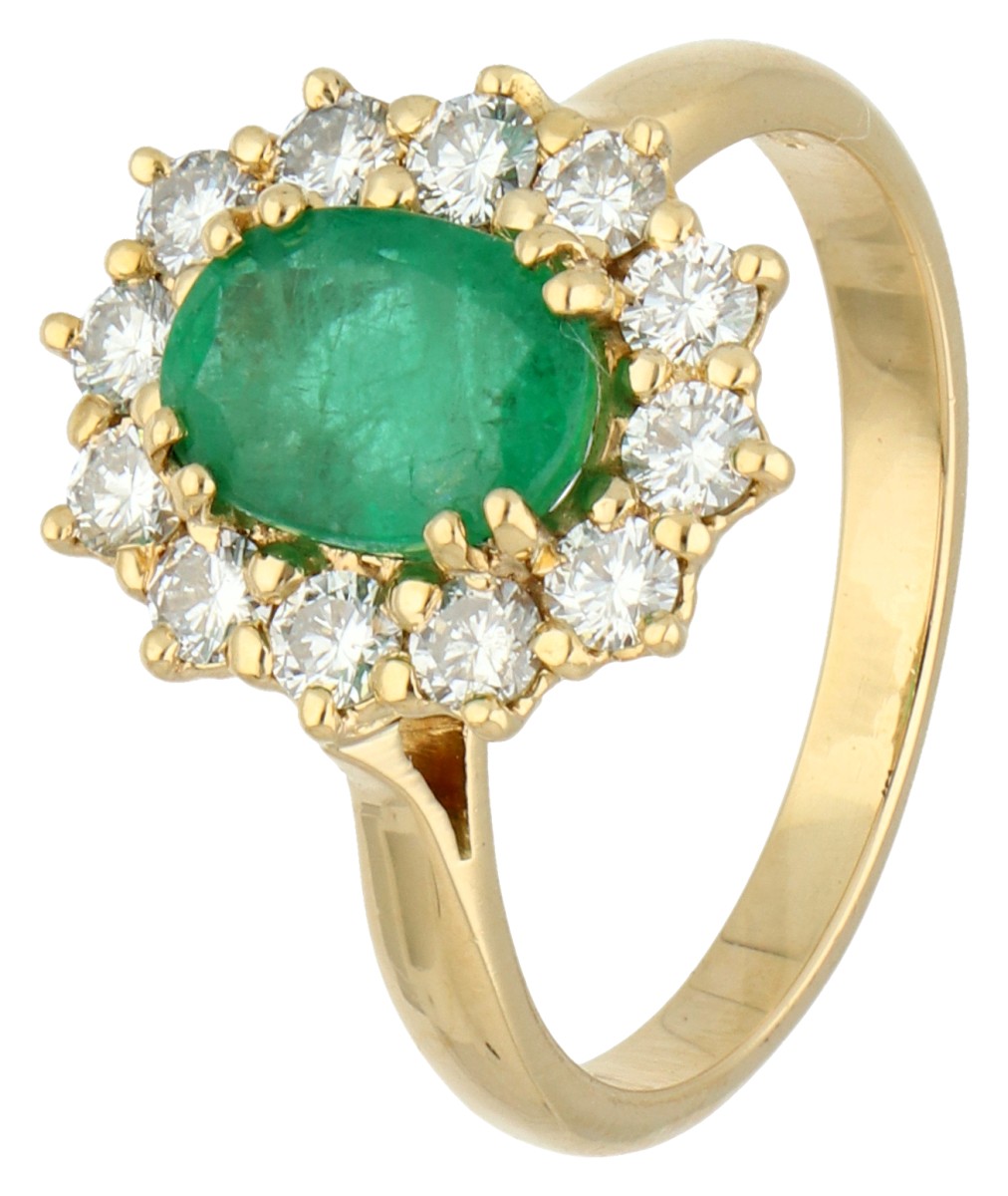 No Reserve - 18K Geelgouden rozet ring bezet met ca. 1.11 ct. smaragd en ca. 0.60 ct. diamant.