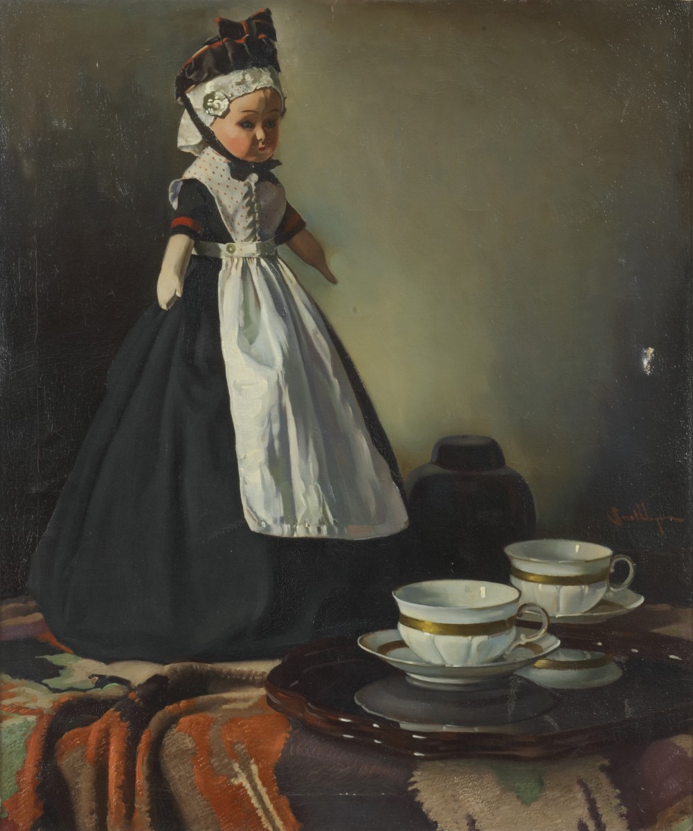 Hendrik Anne Constantijn "Hendrik" Snethlage (Heilo, NH 1878 - 1960 Den Haag), Stilleven met kopjes en een klederdrachtpopje op en tafel.