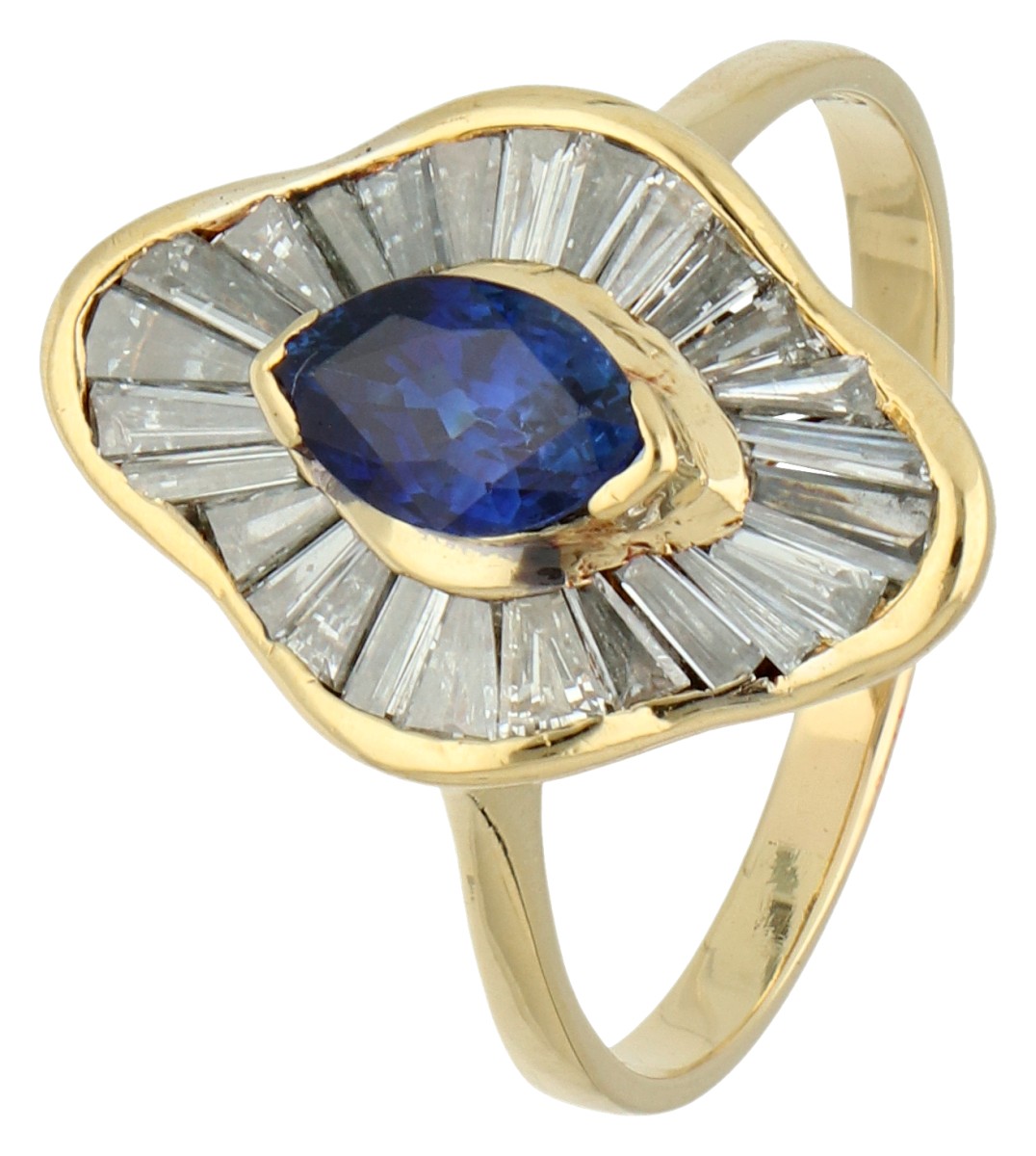 No Reserve - 18K Geelgouden golvende entourage ring bezet met ca. 0.77 ct. saffier en diamant.