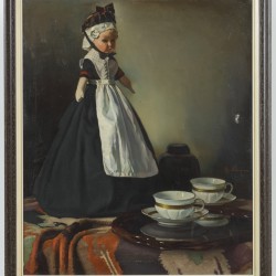 Hendrik Anne Constantijn "Hendrik" Snethlage (Heilo, NH 1878 - 1960 Den Haag), Stilleven met kopjes en een klederdrachtpopje op en tafel.