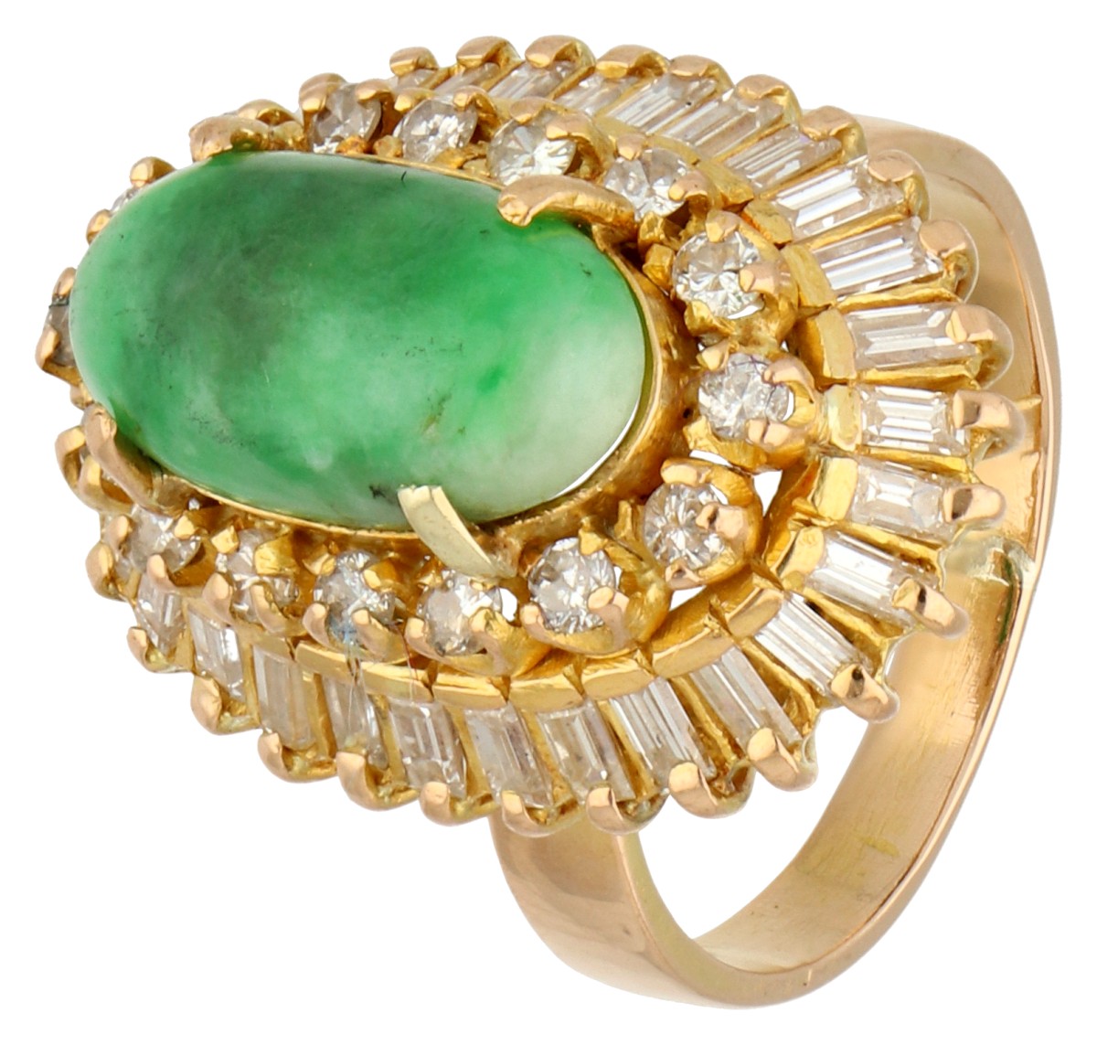 20K Geelgouden cocktail ring bezet met jadeit en ca. 1.14 ct. diamant.