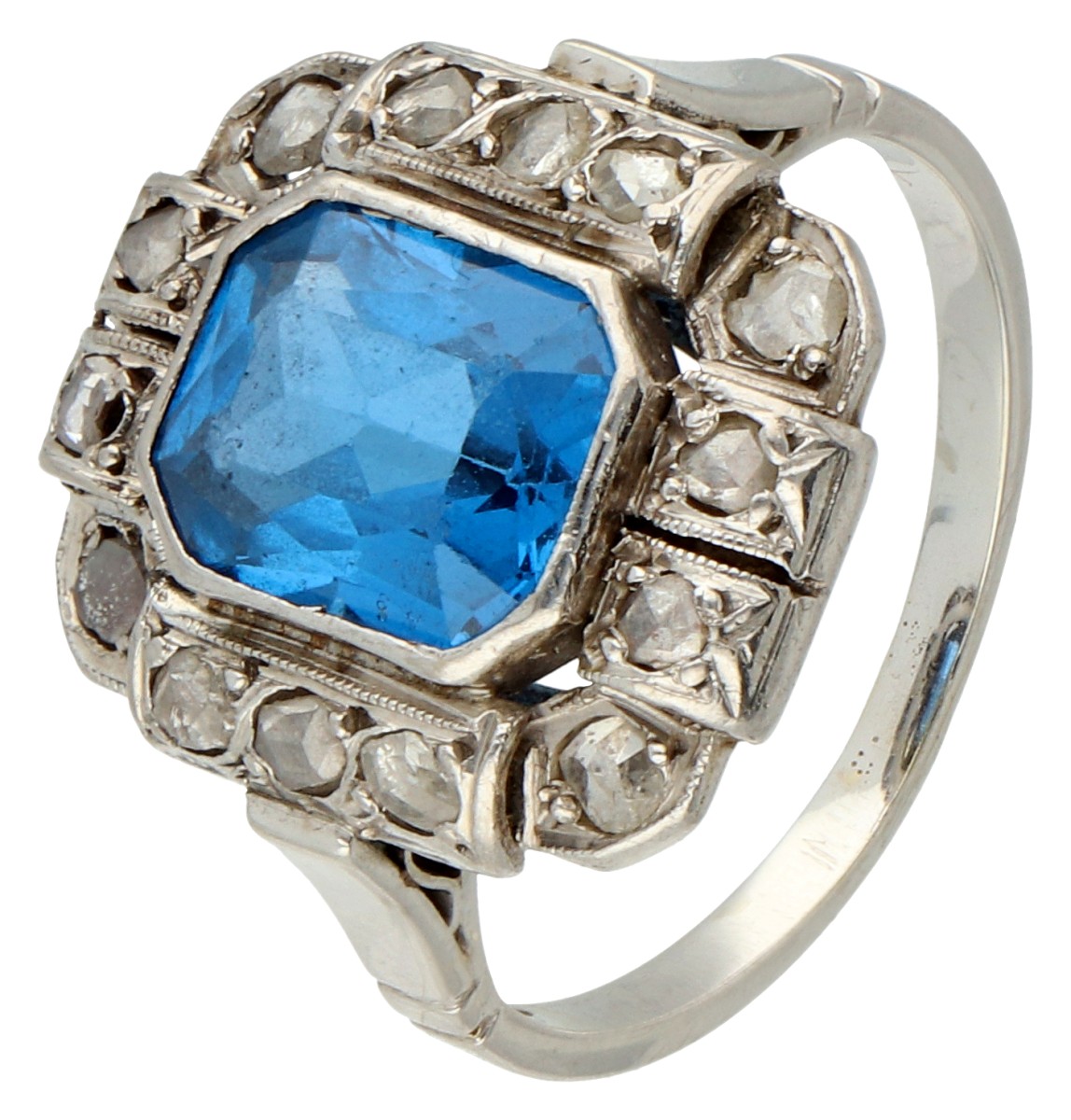 No reserve - Witgouden Art Deco ring bezet met synthetische spinel en diamant.