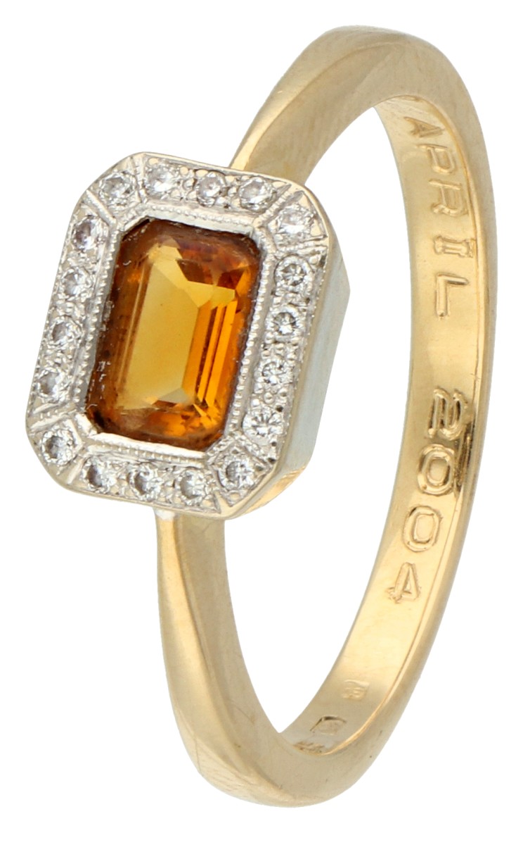 No reserve - 14K Geelgouden ring bezet met ca. 0.40 ct. citrien en diamant gezet in witgouden middenstuk.