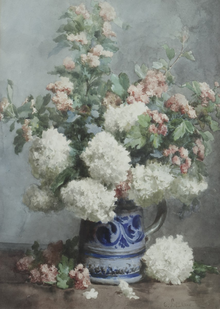 Joseph Carl Paul Schuller (XIX / XX), Stilleven van bloemen in een steinkrug.