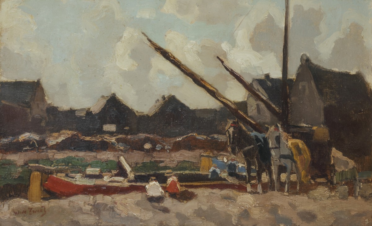 Willem de Zwart (Den Haag 1862 - 1931), Laadpunt van de pramen aan een vaart in een dorpje.