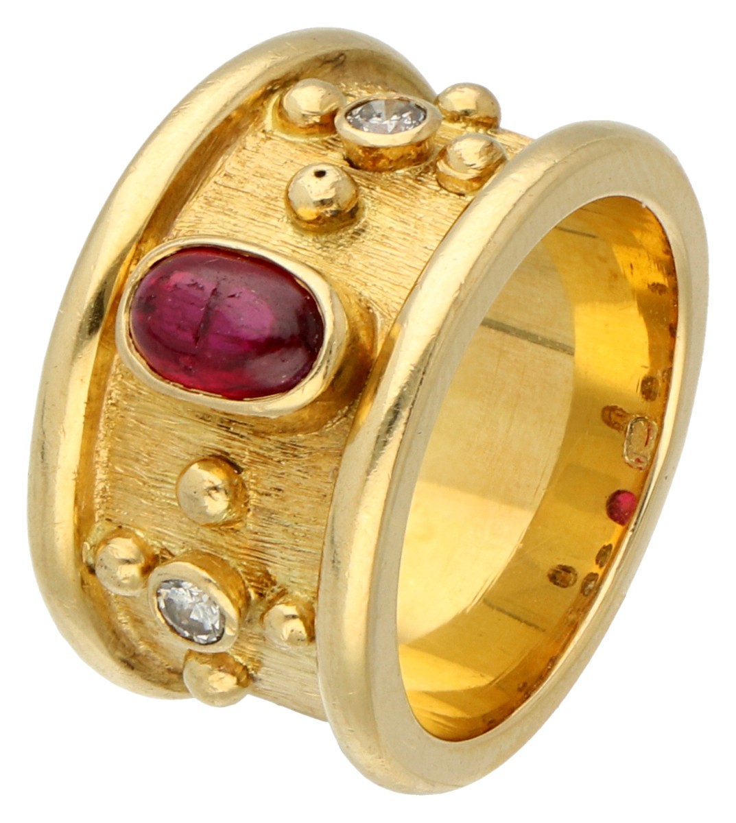 18K Geelgouden Byzantijnse band ring bezet met diamant en robijn.