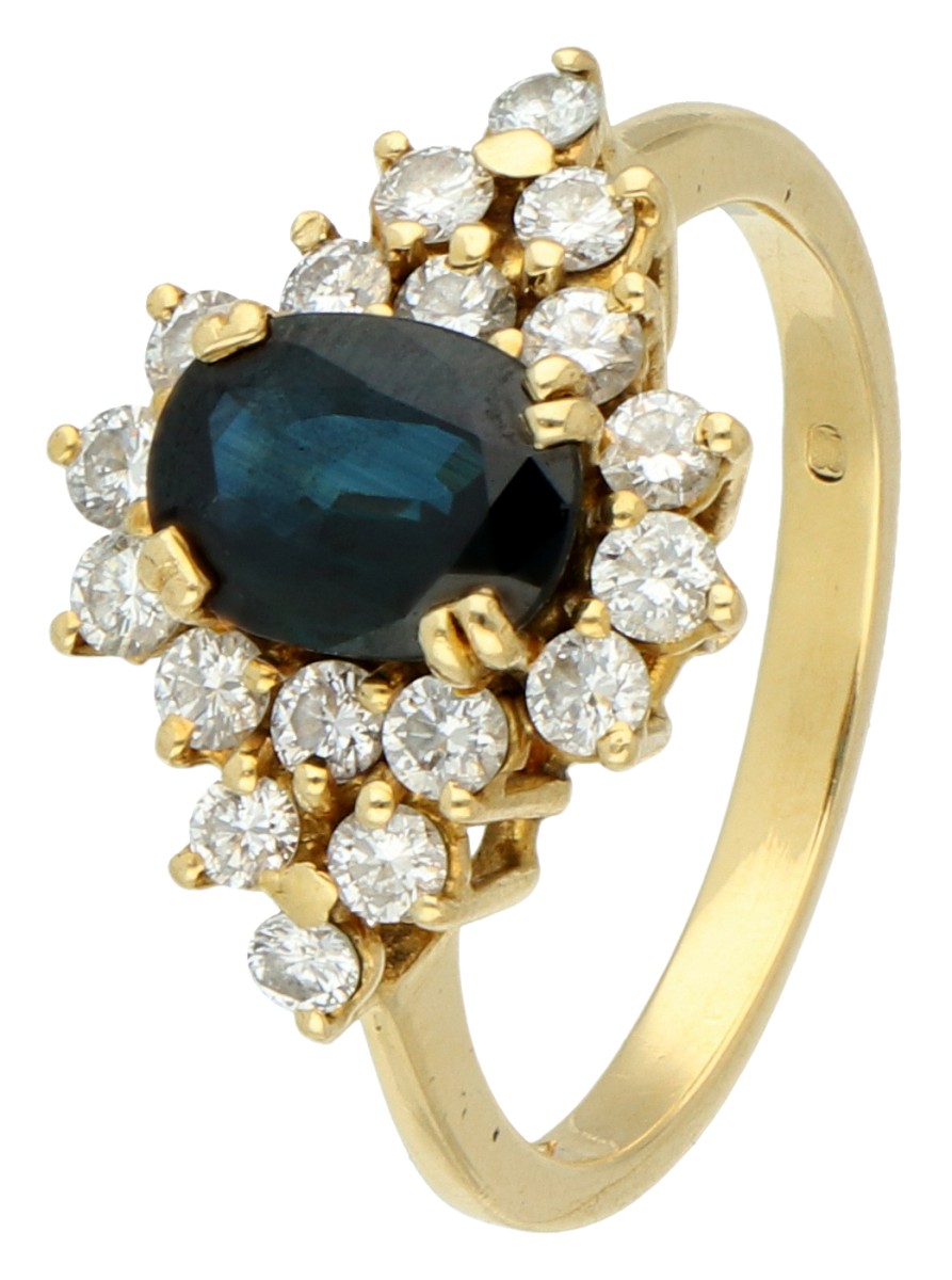 No reserve - 18K Geelgouden entourage ring bezet met ca. 1.28 ct. saffier en diamant.