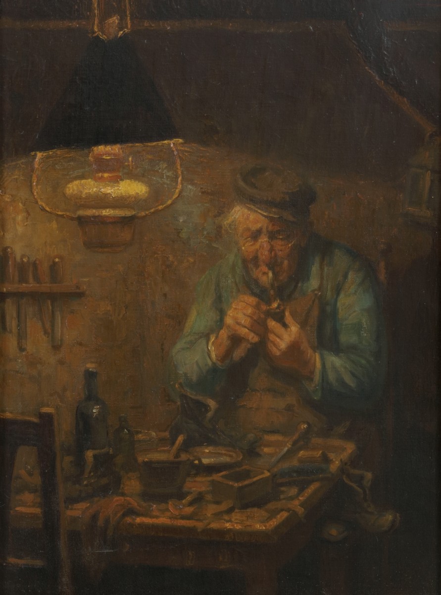 Willem van Nieuwenhoven (Rotterdam 1879 – 1973 Laren, Noord-Holland), Een schoenmaker in zijn werkplaats.