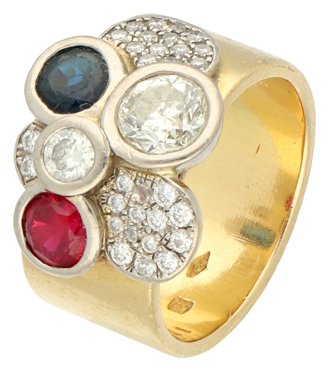 No reserve - 18K Geelgouden ring bezet met ca. 1.05 ct. diamant, robijn en saffier.