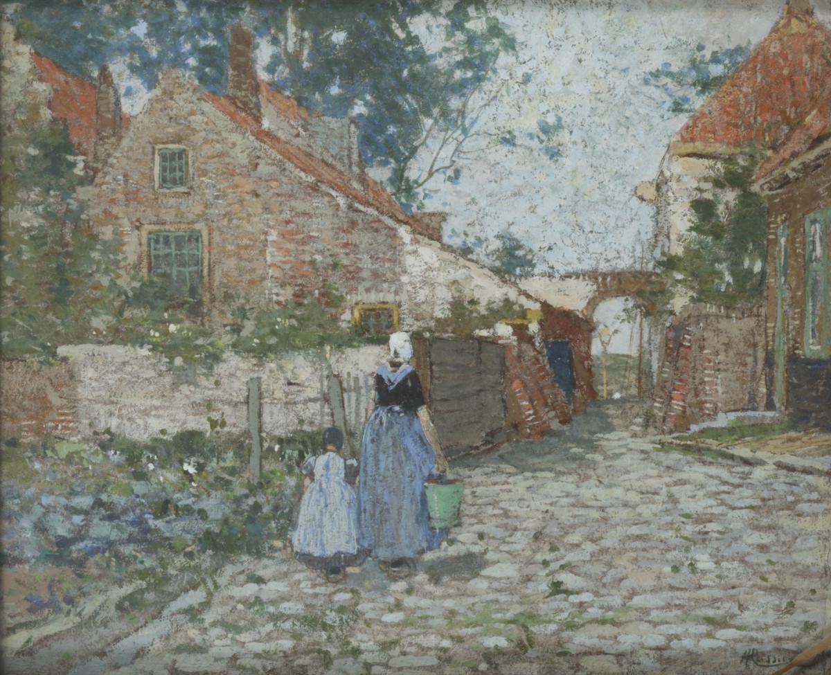 Henri Cassiers (Antwerpen 1858 - 1944 Ixelles, Be.), Straatje te Veere, Zeeland.