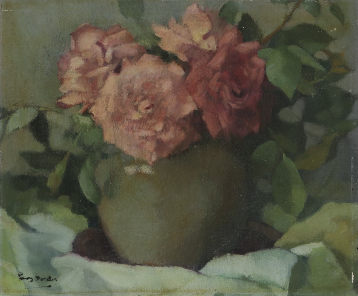 Frans Oerder (Rotterdam 1867 - 1944 Pretoria, Zuid Afrika), Stilleven met rozen in een pot.