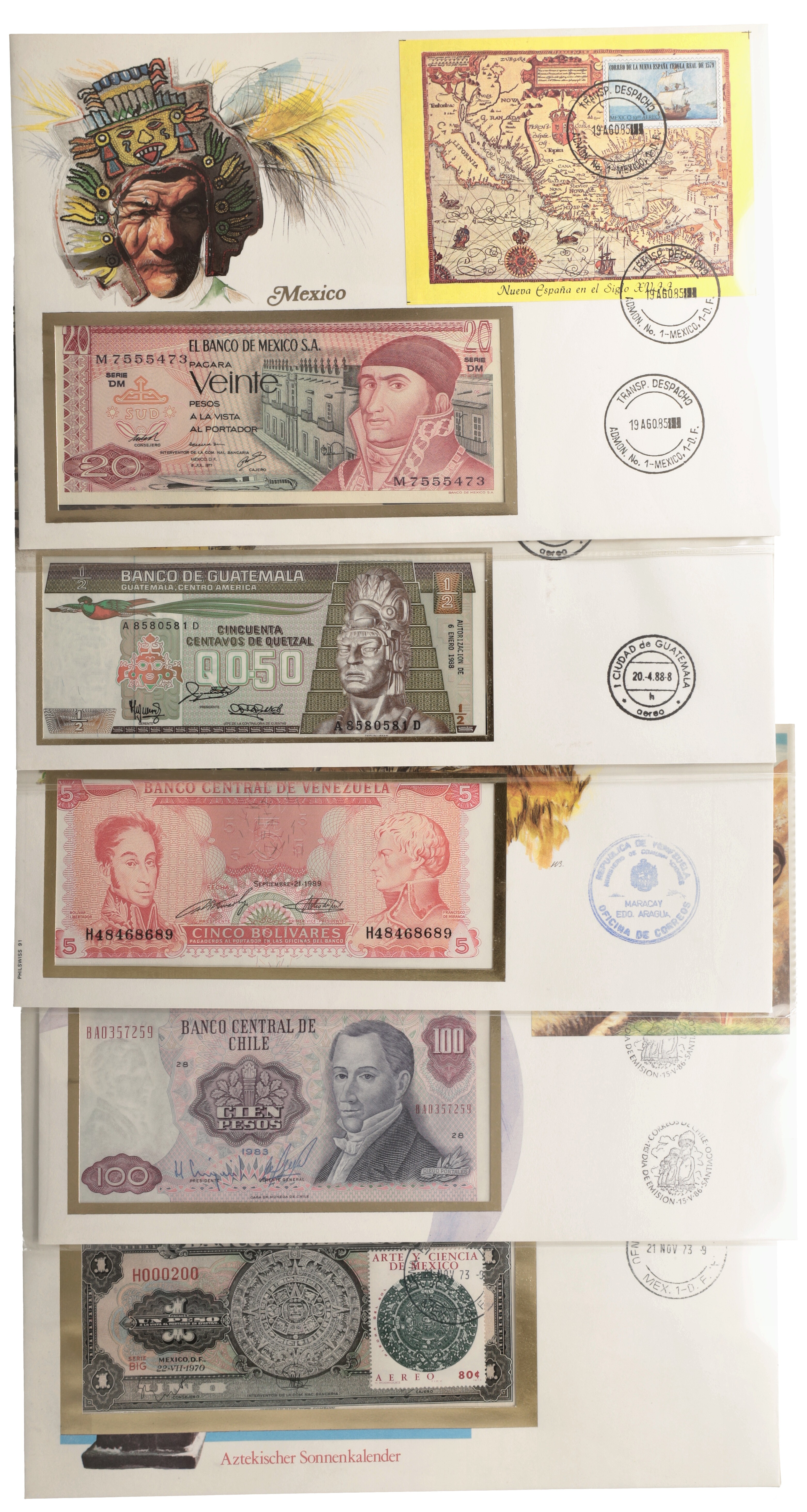 No reserve - South america mix. lot 5 banknotes. Type 1970/1989. - UNC.