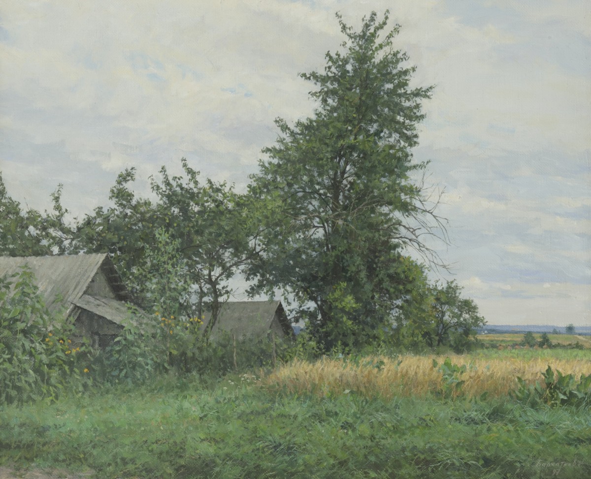 Igor BARKHATKOV (1958) - Russische School, 20e eeuw. 'Een bewolkte dag'- Een boerenhoeve in een landschap.