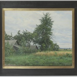 Igor BARKHATKOV (1958) - Russische School, 20e eeuw. 'Een bewolkte dag'- Een boerenhoeve in een landschap.