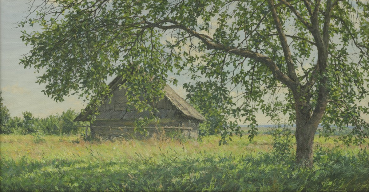 Igor BARKHATKOV (1958) - Russische School, 20e eeuw. - Zomerse ochtend' - Een boerenstal in een landschap.